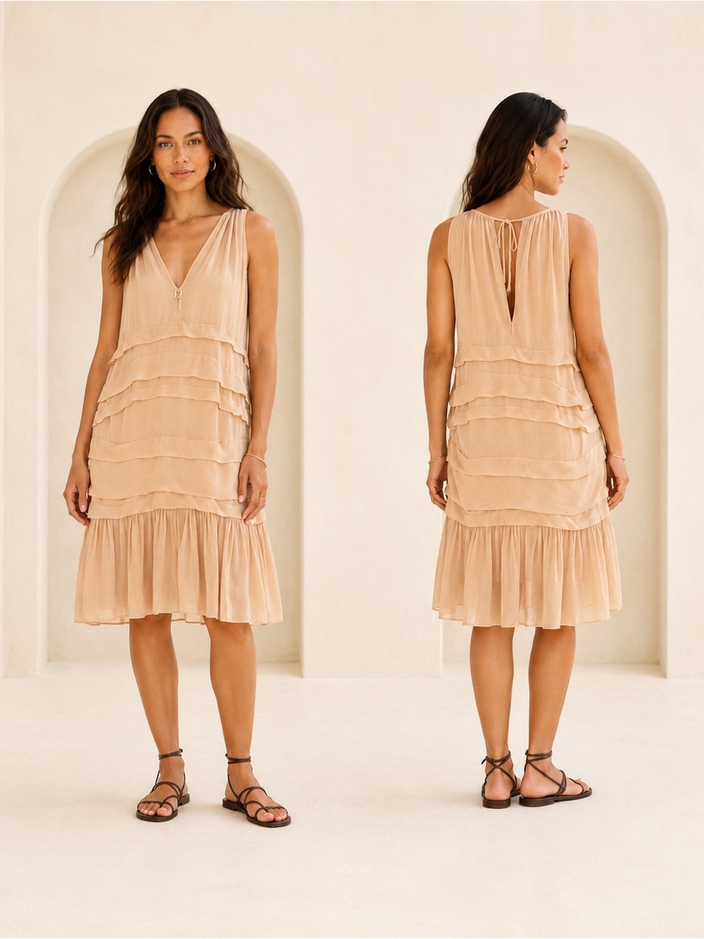 Twin-Set Simona Barbieri Mini dress Ruffled Nude Cream lined Flowy Open Back S